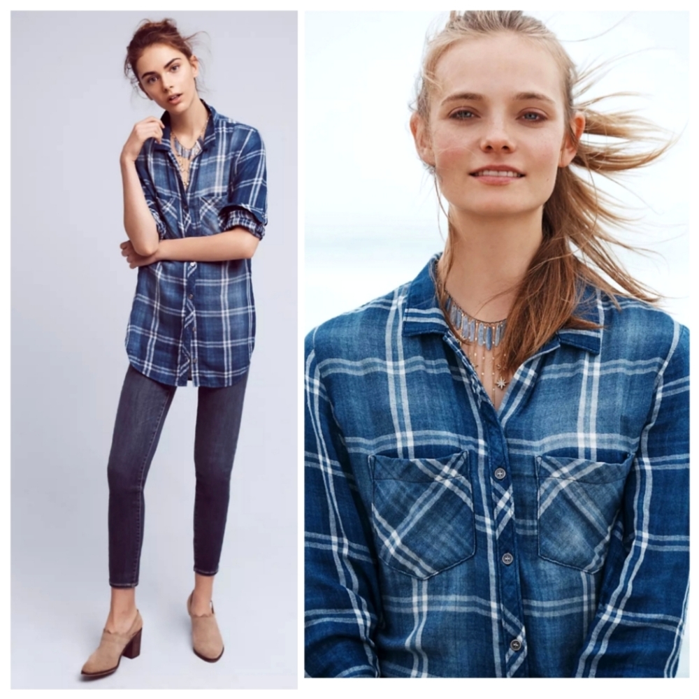Anthropologie Cloth & Stone Brecken Buttondown Blue plaid Size XS